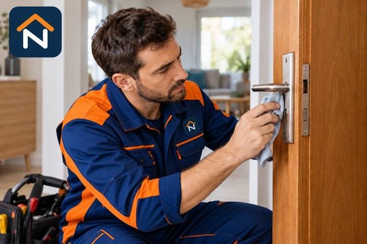 Serrurier en tenue orange et bleu marine contrôlant la poignée d’une porte en bois