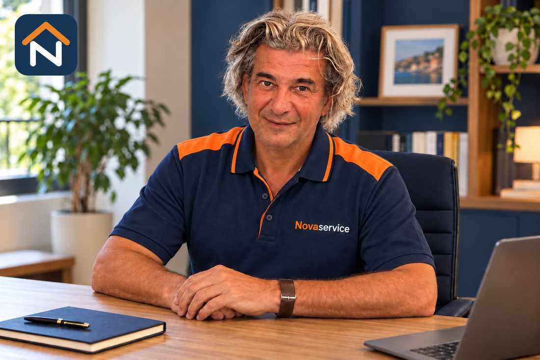Éric Lozes, serrurier, en tenue Novaservice bleu marine et orange