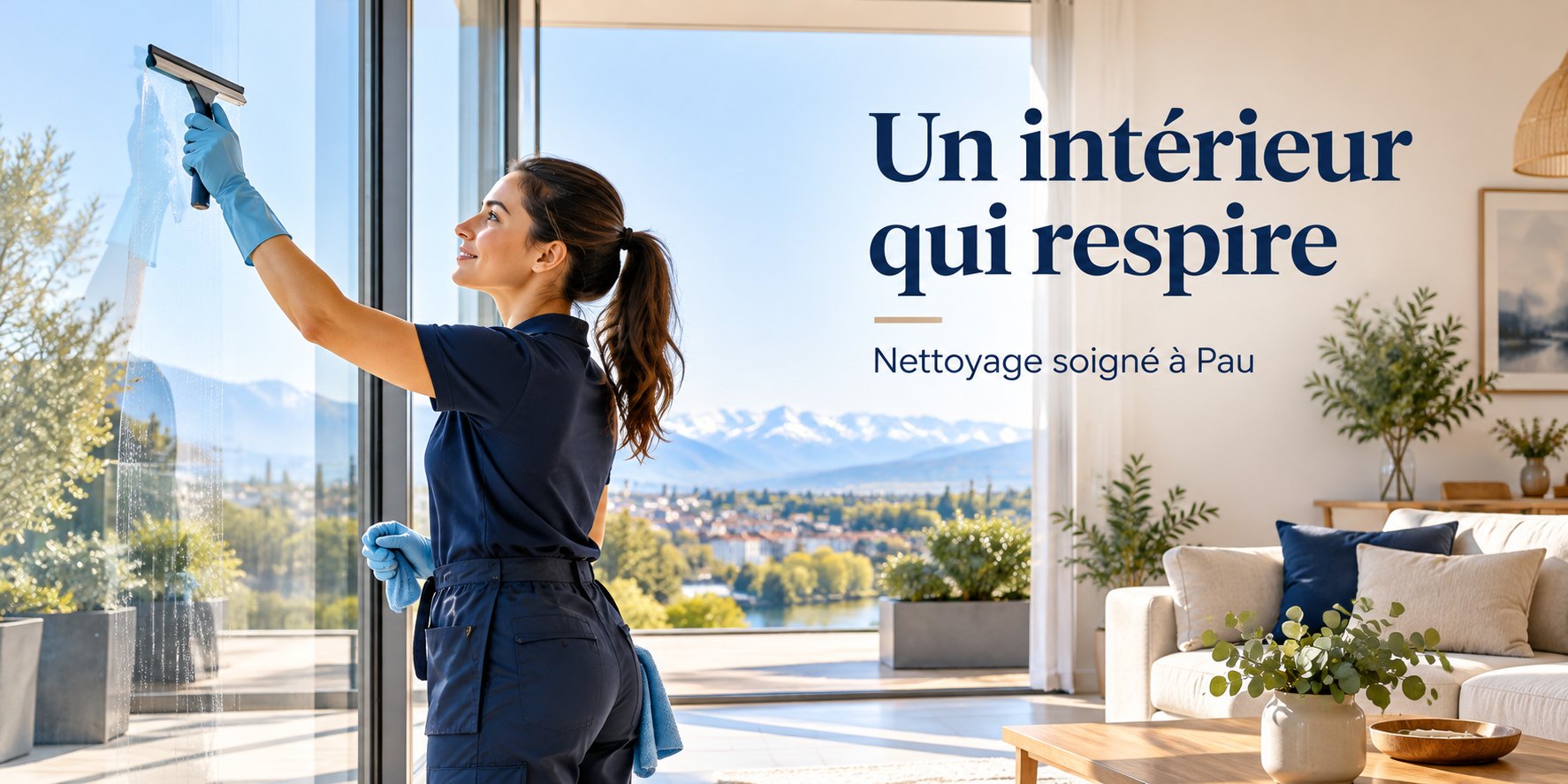 Professionnelle nettoyant une grande baie vitrée à Pau avec le message Un intérieur qui respire.