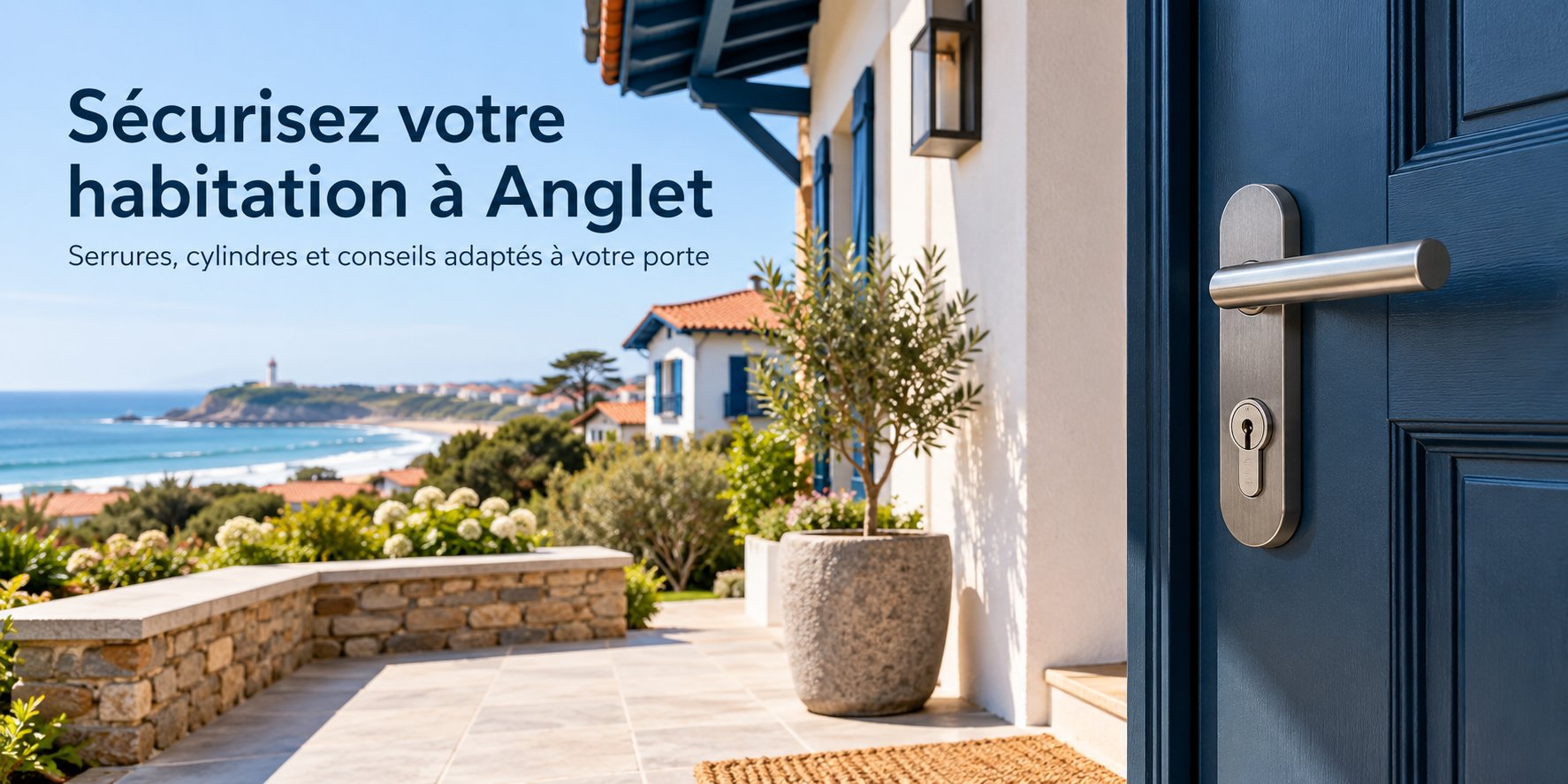 Porte d’entrée sécurisée d’une habitation à Anglet avec serrure et cylindre, vue de la côte basque et message « Sécurisez votre habitation à Anglet ».